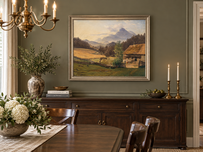 Hand-painted Mountain Farmhouse in Summer Valley landscape oil painting displayed as wall art in a styled interior