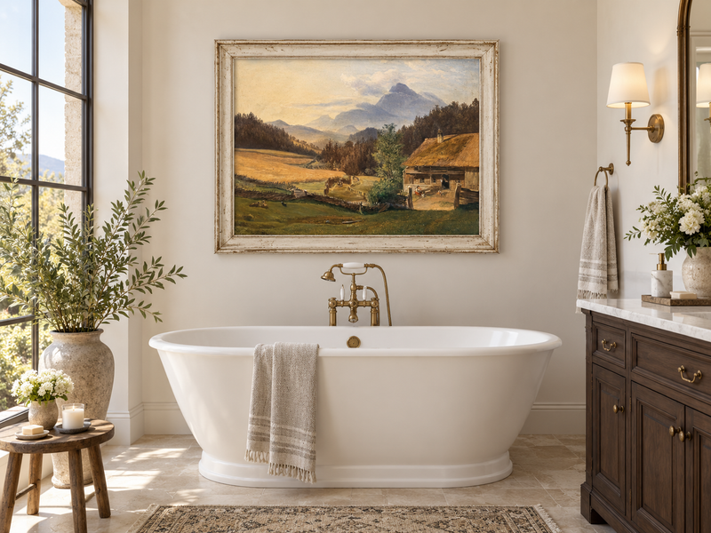 Hand-painted Mountain Farmhouse in Summer Valley landscape oil painting displayed as wall art in a styled interior