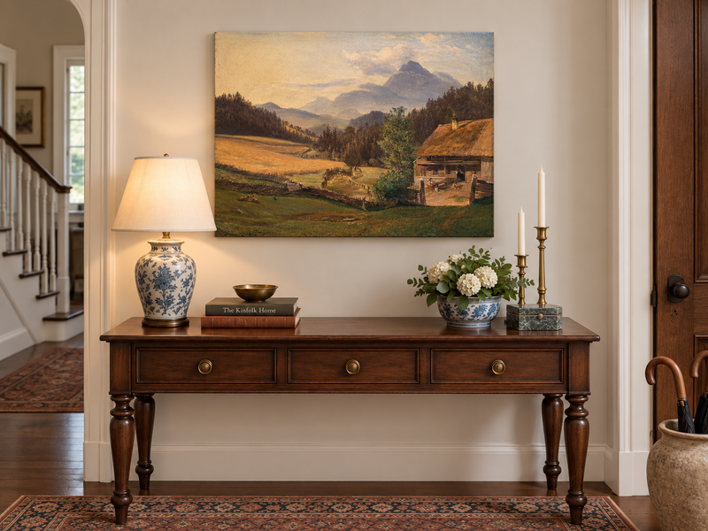 Hand-painted Mountain Farmhouse in Summer Valley landscape oil painting displayed as wall art in a styled interior