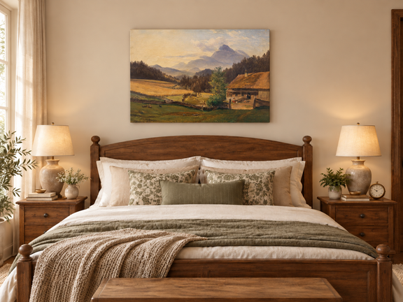 Hand-painted Mountain Farmhouse in Summer Valley landscape oil painting displayed as wall art in a styled interior