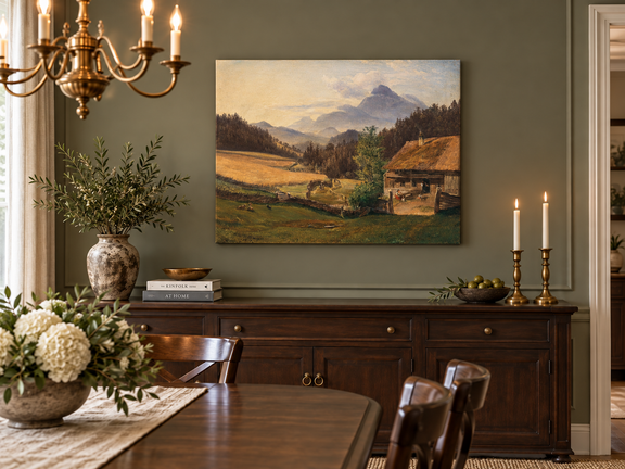 Hand-painted Mountain Farmhouse in Summer Valley landscape oil painting displayed as wall art in a styled interior