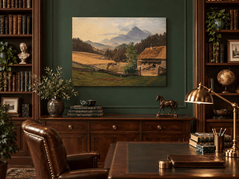 Hand-painted Mountain Farmhouse in Summer Valley landscape oil painting displayed as wall art in a styled interior