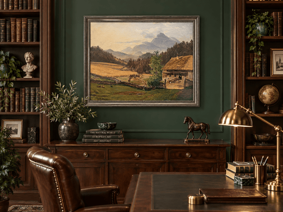 Hand-painted Mountain Farmhouse in Summer Valley landscape oil painting displayed as wall art in a styled interior