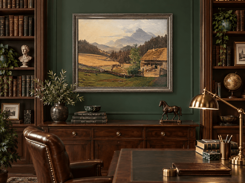 Hand-painted Mountain Farmhouse in Summer Valley landscape oil painting displayed as wall art in a styled interior