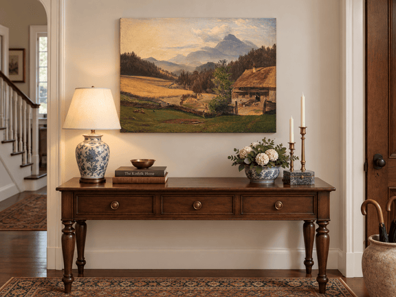 Hand-painted Mountain Farmhouse in Summer Valley landscape oil painting displayed as wall art in a styled interior
