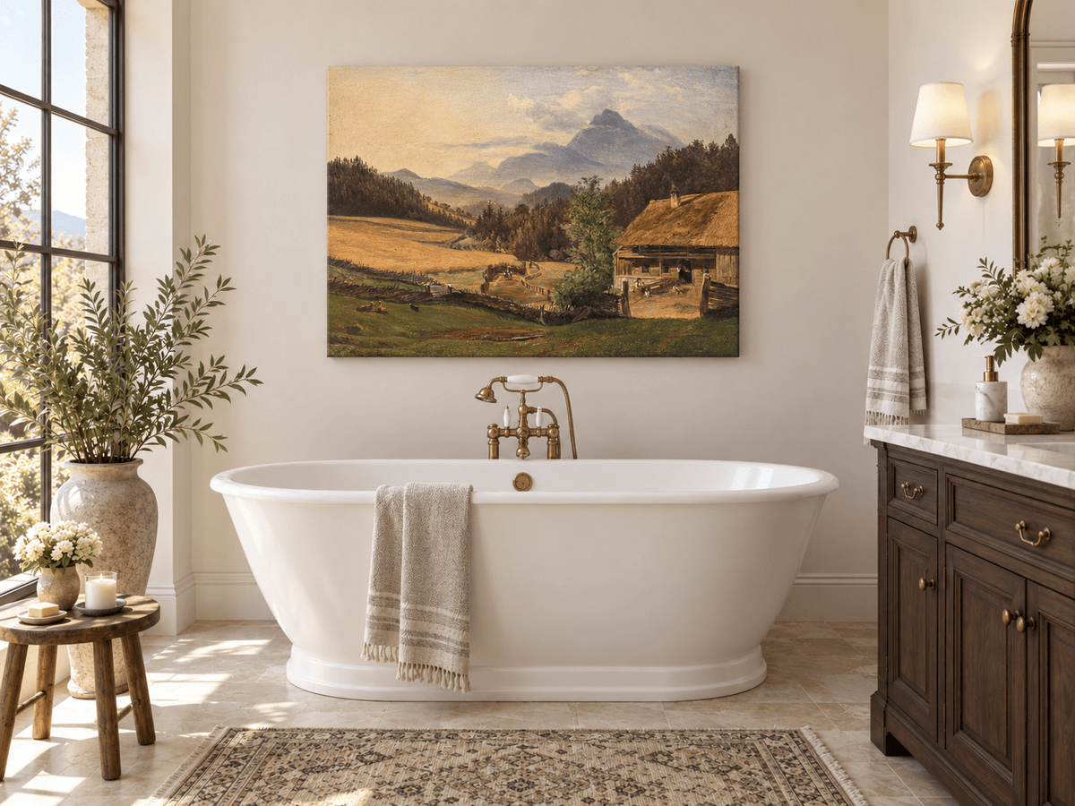 Hand-painted Mountain Farmhouse in Summer Valley landscape oil painting displayed as wall art in a styled interior