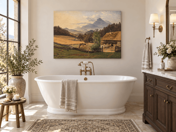 Hand-painted Mountain Farmhouse in Summer Valley landscape oil painting displayed as wall art in a styled interior