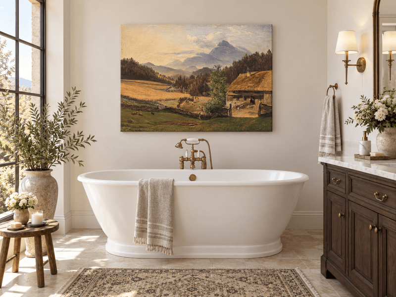 Hand-painted Mountain Farmhouse in Summer Valley landscape oil painting displayed as wall art in a styled interior