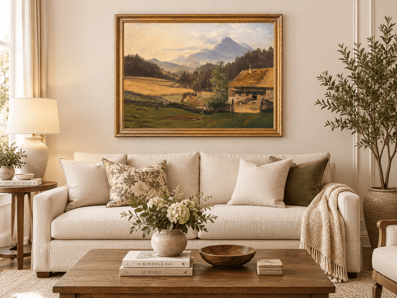 Hand-painted Mountain Farmhouse in Summer Valley landscape oil painting displayed as wall art in a styled interior