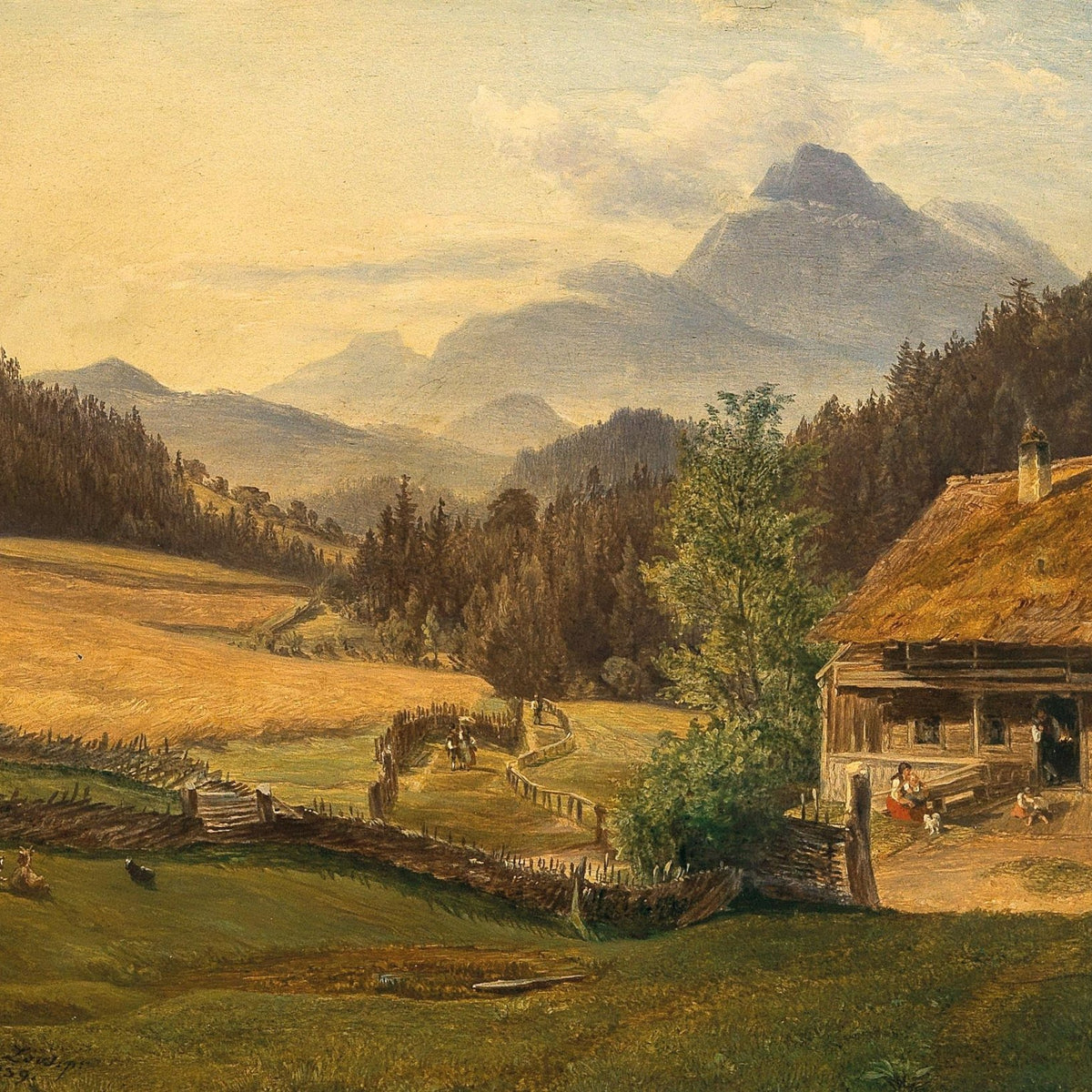 Hand-painted mountain farmhouse in summer valley landscape oil painting on canvas