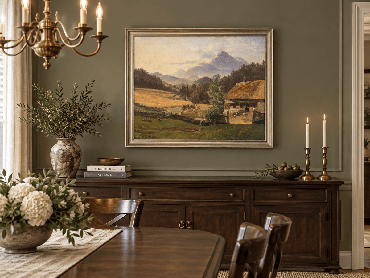 Hand-painted Mountain Farmhouse in Summer Valley landscape oil painting displayed as wall art in a styled interior