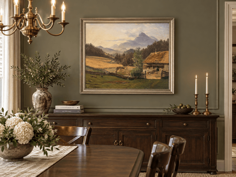 Hand-painted Mountain Farmhouse in Summer Valley landscape oil painting displayed as wall art in a styled interior
