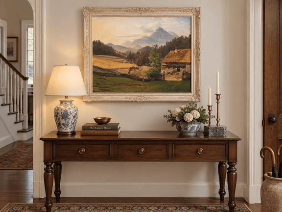 Hand-painted Mountain Farmhouse in Summer Valley landscape oil painting displayed as wall art in a styled interior