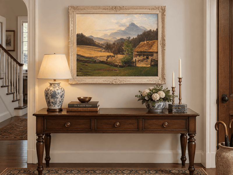Hand-painted Mountain Farmhouse in Summer Valley landscape oil painting displayed as wall art in a styled interior