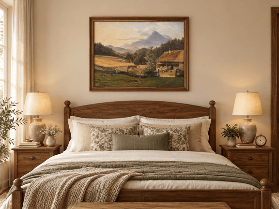 Hand-painted Mountain Farmhouse in Summer Valley landscape oil painting displayed as wall art in a styled interior
