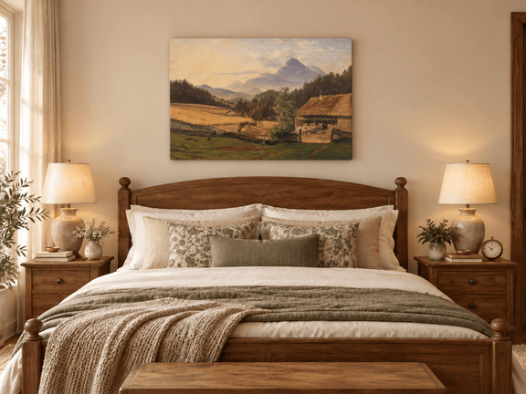 Hand-painted Mountain Farmhouse in Summer Valley landscape oil painting displayed as wall art in a styled interior