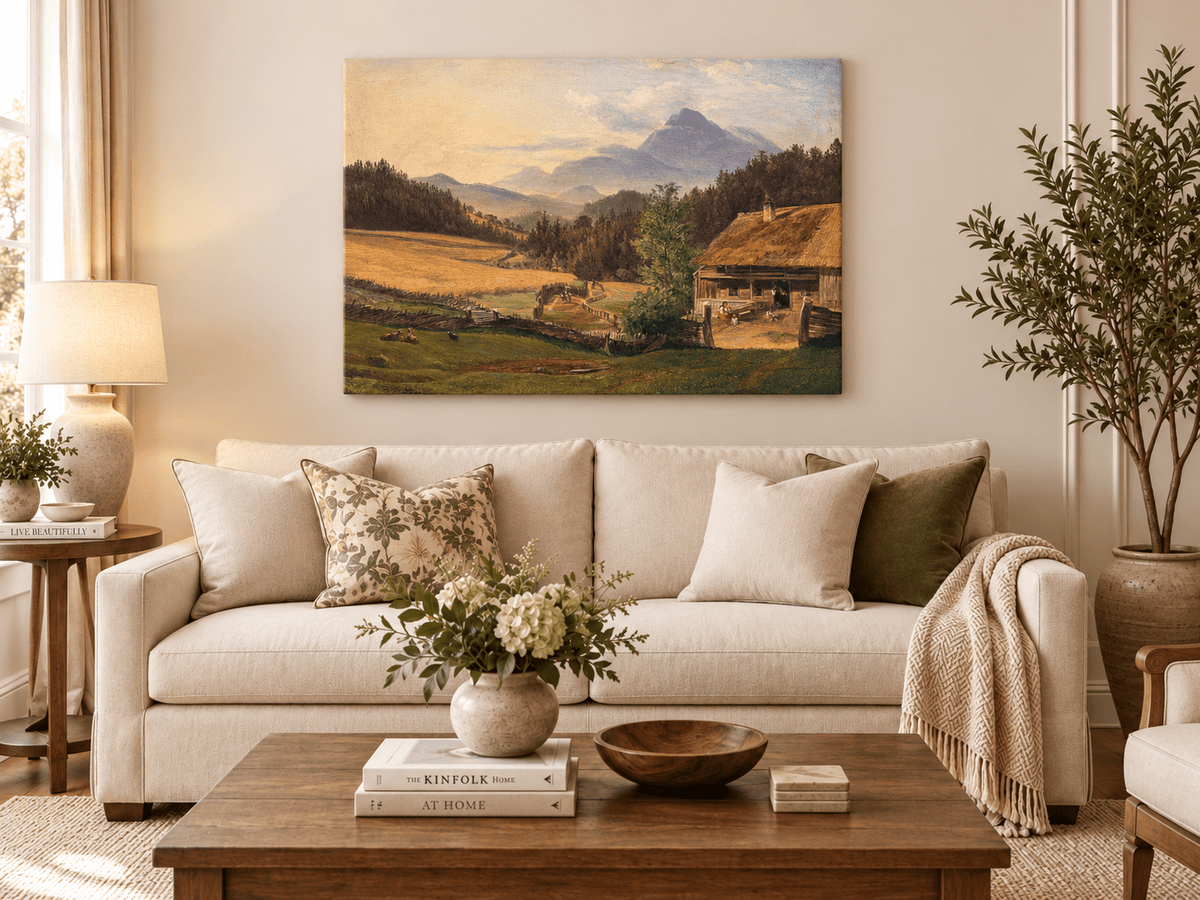 Hand-painted Mountain Farmhouse in Summer Valley landscape oil painting displayed as wall art in a styled interior