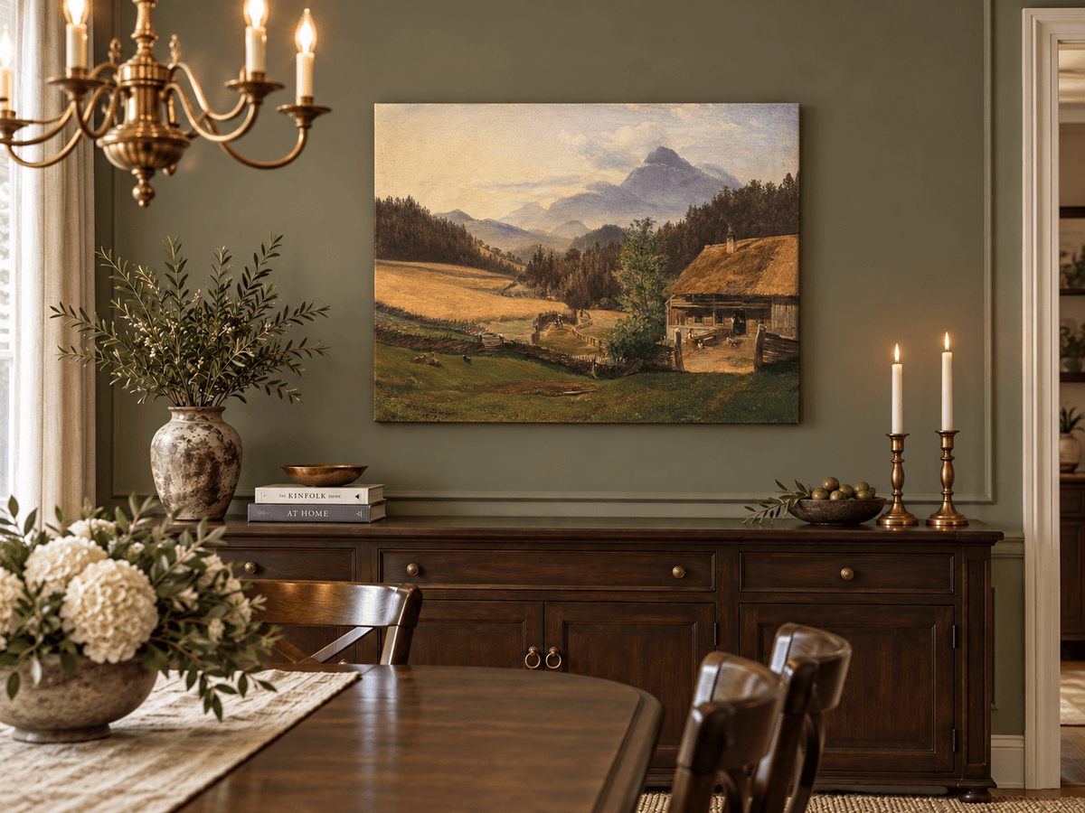 Hand-painted Mountain Farmhouse in Summer Valley landscape oil painting displayed as wall art in a styled interior