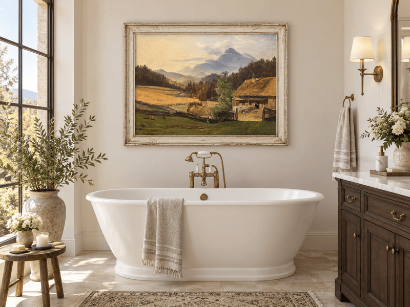 Hand-painted Mountain Farmhouse in Summer Valley landscape oil painting displayed as wall art in a styled interior