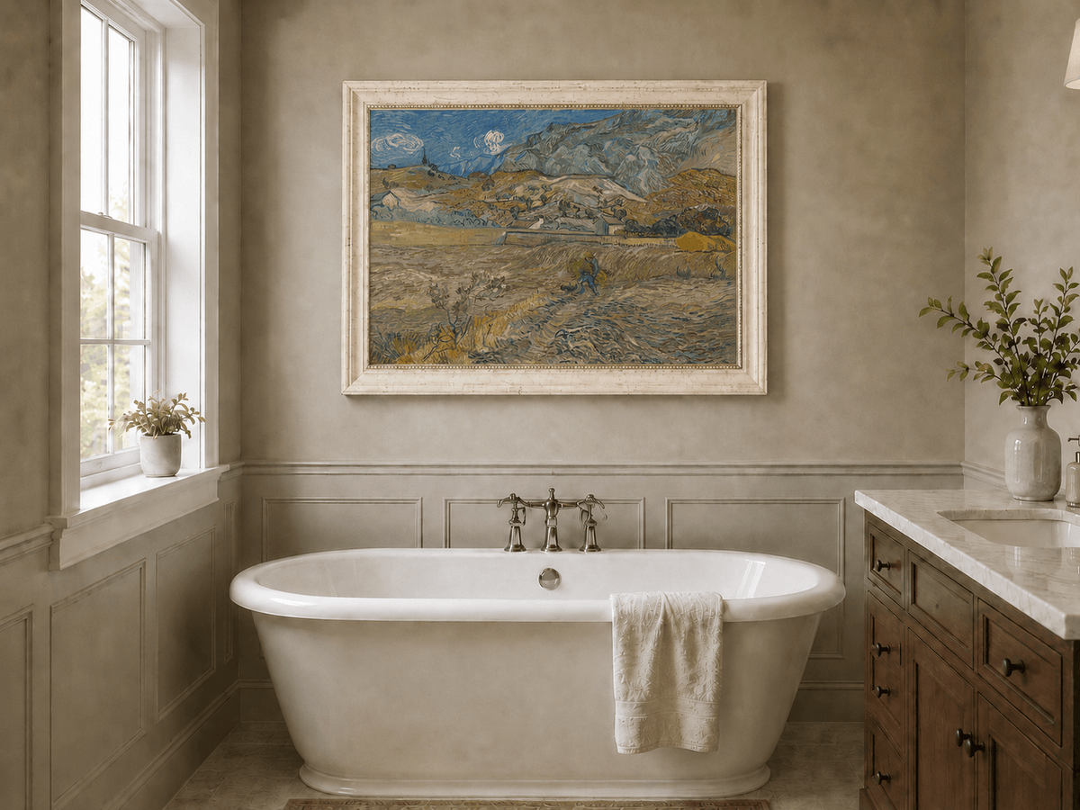 Landscape Oil Painting - Mountain Fields with Farmer at Sunset