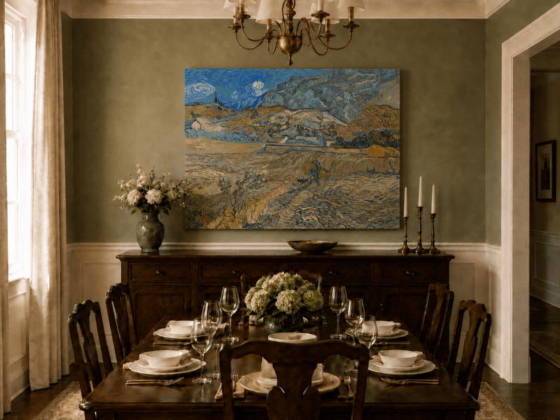 Landscape Oil Painting - Mountain Fields with Farmer at Sunset