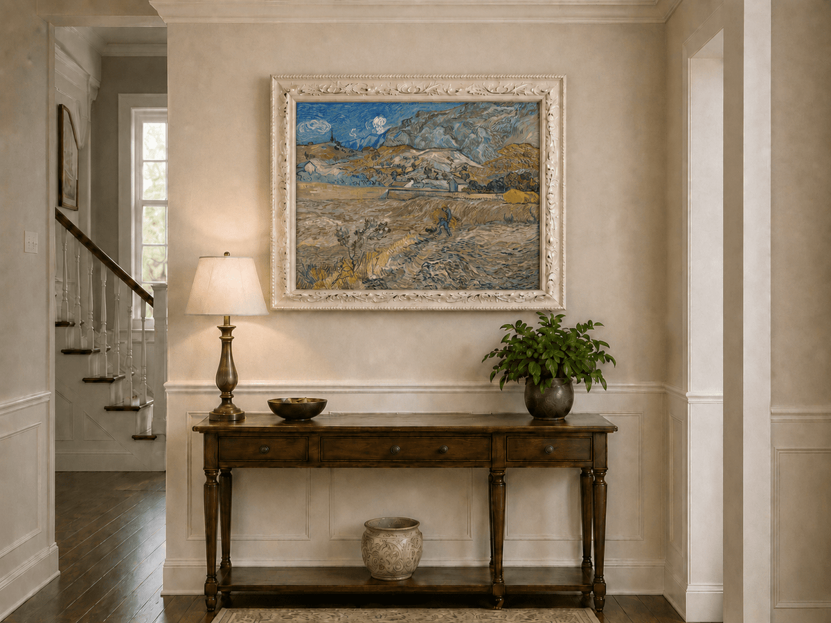 Landscape Oil Painting - Mountain Fields with Farmer at Sunset