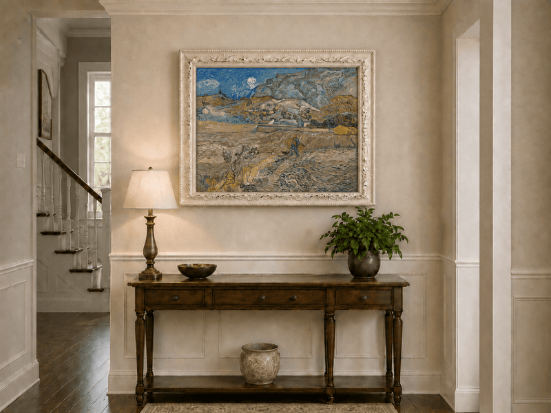 Landscape Oil Painting - Mountain Fields with Farmer at Sunset