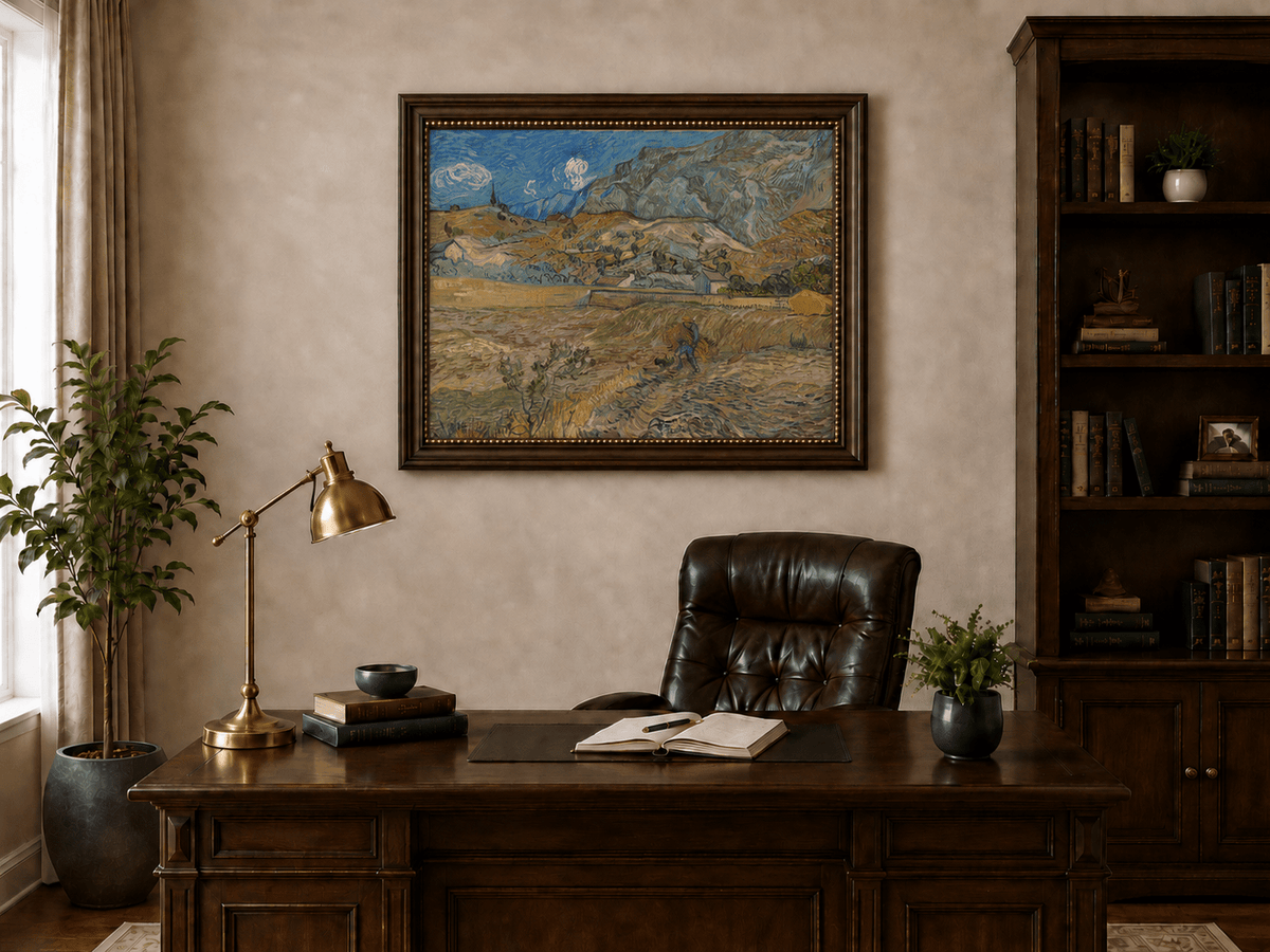 Landscape Oil Painting - Mountain Fields with Farmer at Sunset