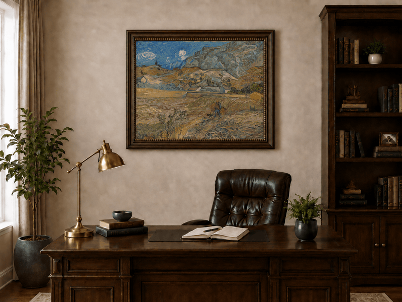 Landscape Oil Painting - Mountain Fields with Farmer at Sunset