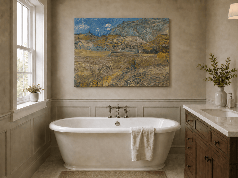 Landscape Oil Painting - Mountain Fields with Farmer at Sunset
