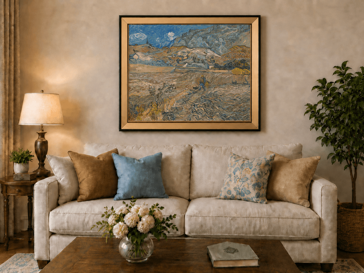 Landscape Oil Painting - Mountain Fields with Farmer at Sunset