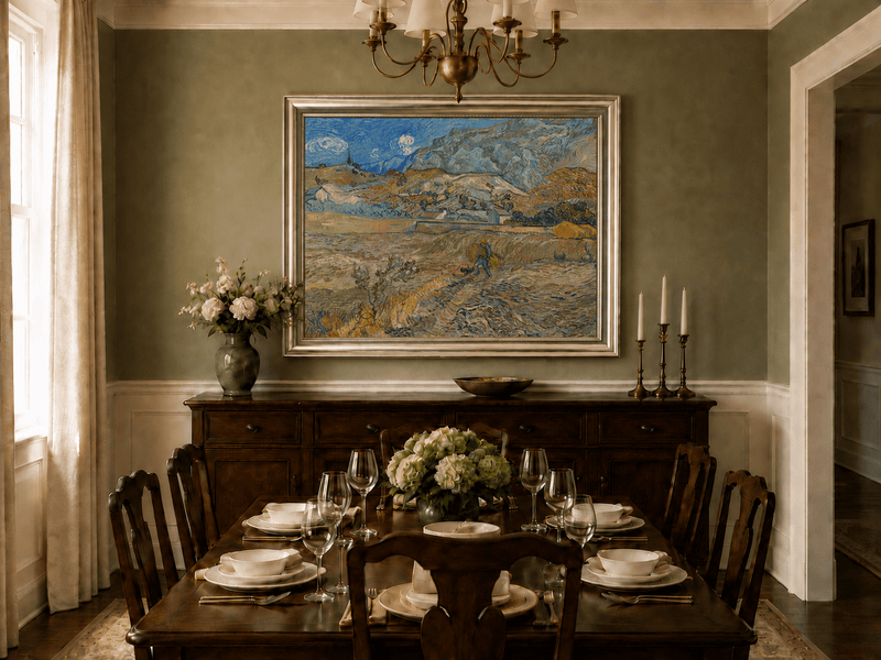 Landscape Oil Painting - Mountain Fields with Farmer at Sunset
