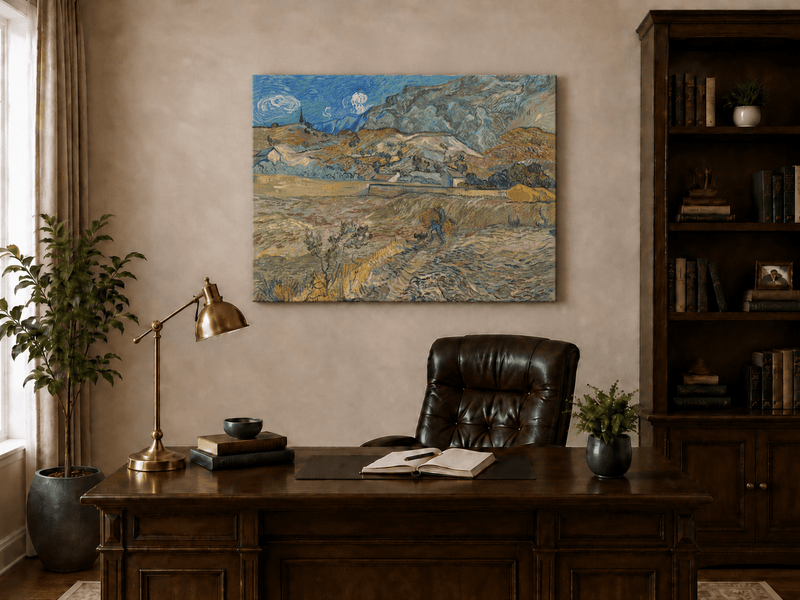 Landscape Oil Painting - Mountain Fields with Farmer at Sunset