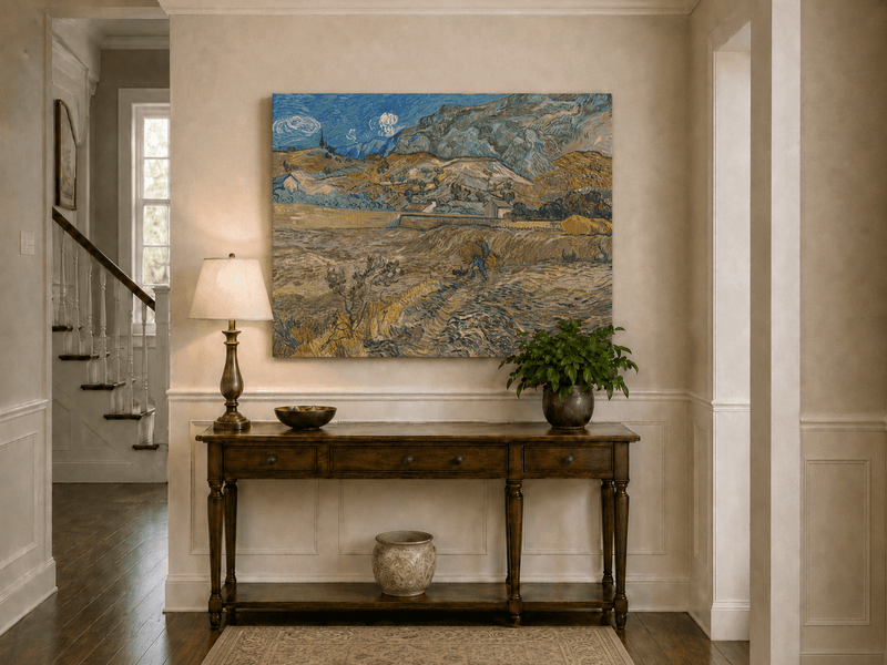 Landscape Oil Painting - Mountain Fields with Farmer at Sunset