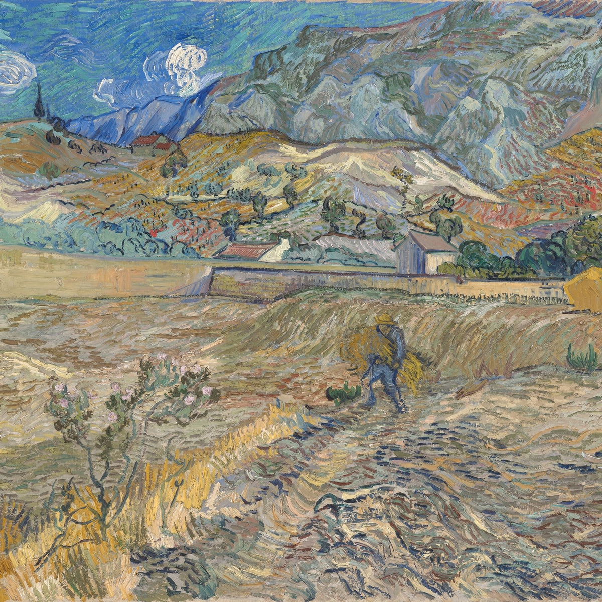Landscape Oil Painting - Mountain Fields with Farmer at Sunset - Oil Painting Haven