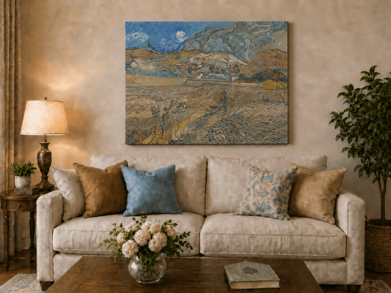 Landscape Oil Painting - Mountain Fields with Farmer at Sunset