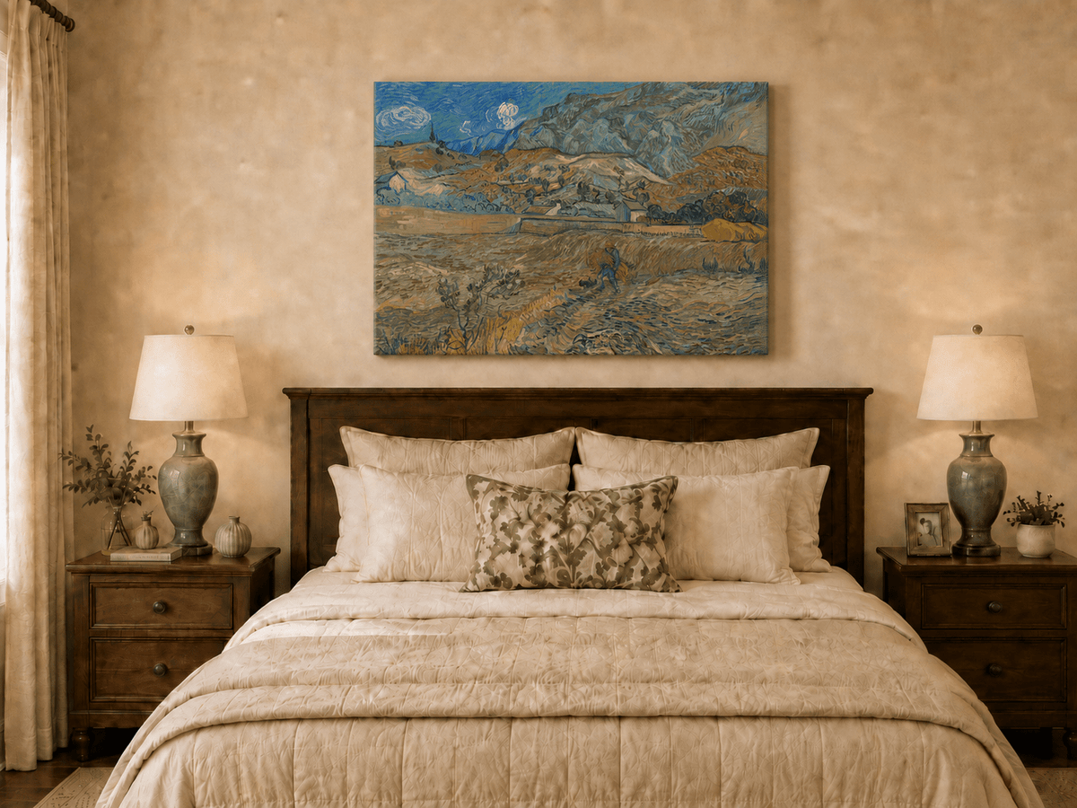 Landscape Oil Painting - Mountain Fields with Farmer at Sunset