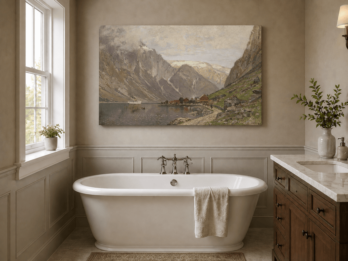 Landscape Oil Painting - Mountain Fjord Village by a Calm Lake