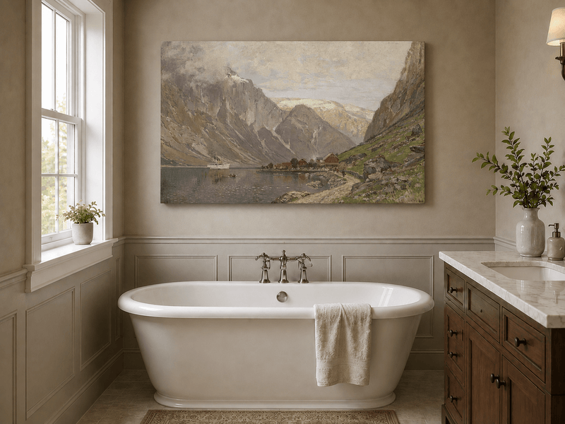Landscape Oil Painting - Mountain Fjord Village by a Calm Lake
