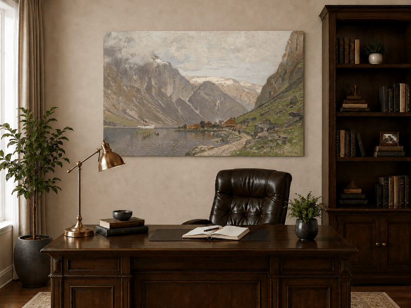 Landscape Oil Painting - Mountain Fjord Village by a Calm Lake