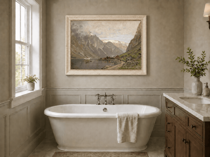 Landscape Oil Painting - Mountain Fjord Village by a Calm Lake