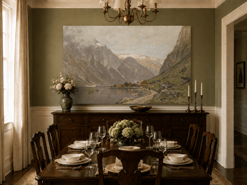 Landscape Oil Painting - Mountain Fjord Village by a Calm Lake