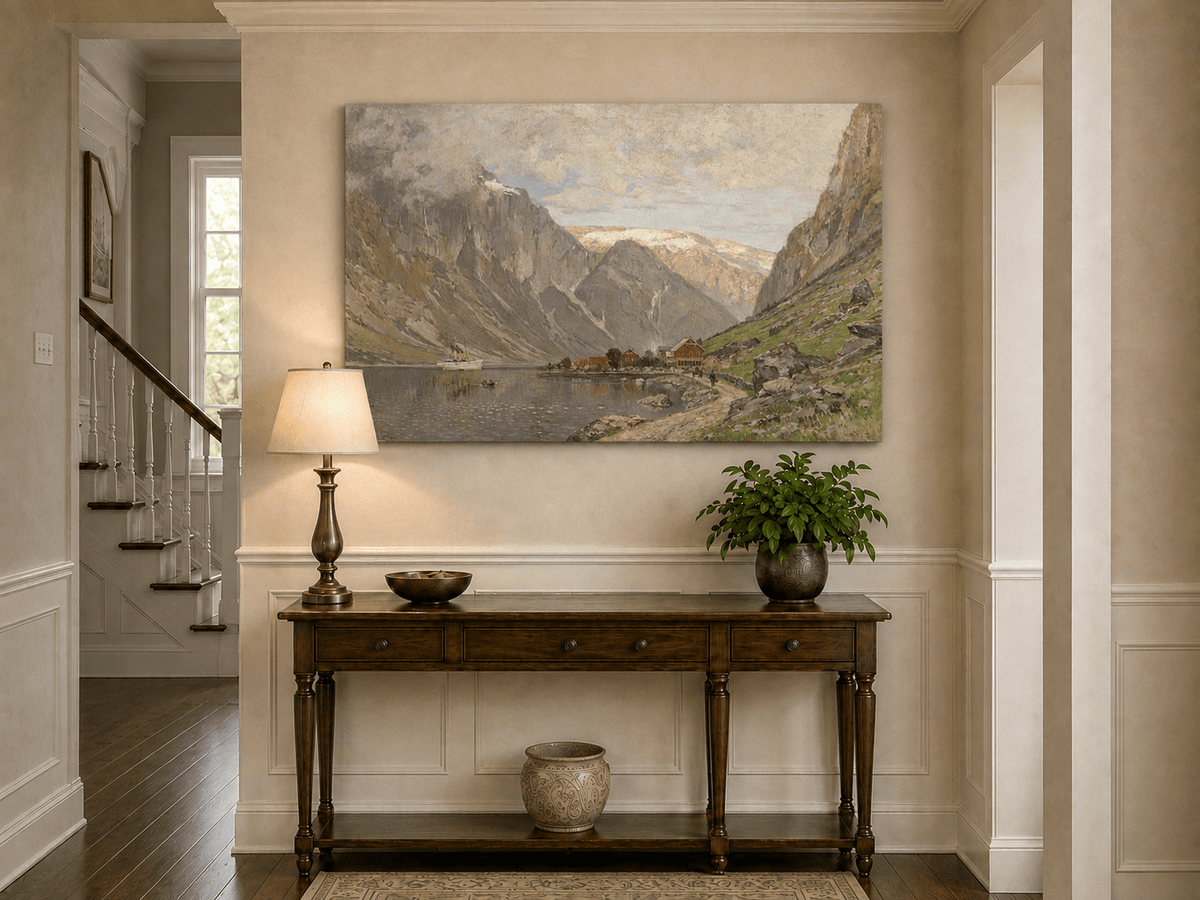 Landscape Oil Painting - Mountain Fjord Village by a Calm Lake