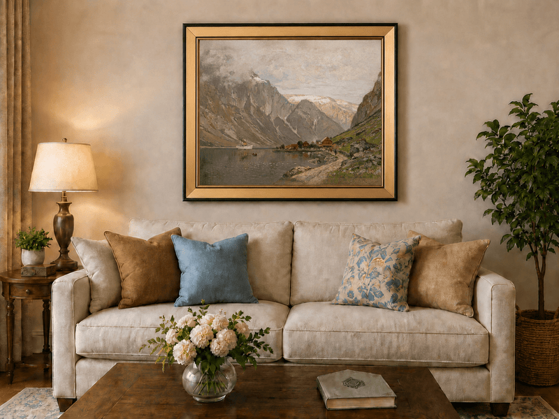 Landscape Oil Painting - Mountain Fjord Village by a Calm Lake
