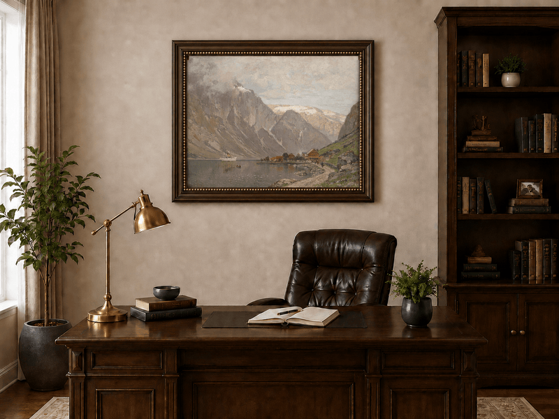 Landscape Oil Painting - Mountain Fjord Village by a Calm Lake