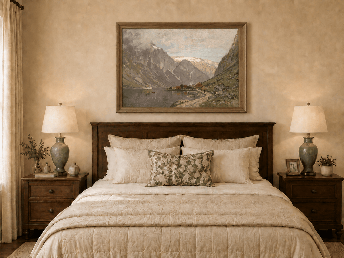 Landscape Oil Painting - Mountain Fjord Village by a Calm Lake