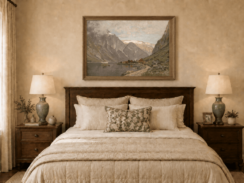 Landscape Oil Painting - Mountain Fjord Village by a Calm Lake