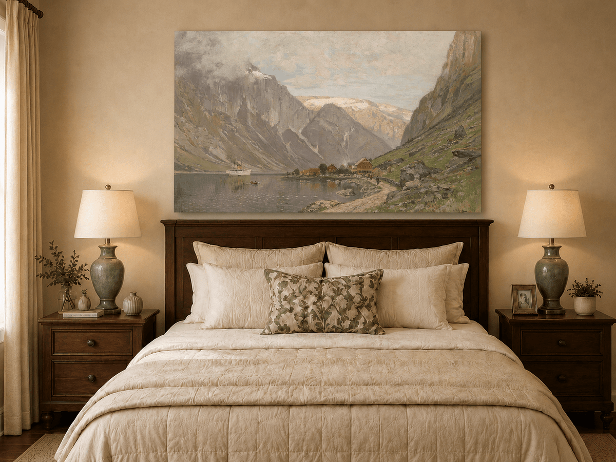 Landscape Oil Painting - Mountain Fjord Village by a Calm Lake