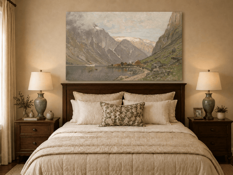 Landscape Oil Painting - Mountain Fjord Village by a Calm Lake