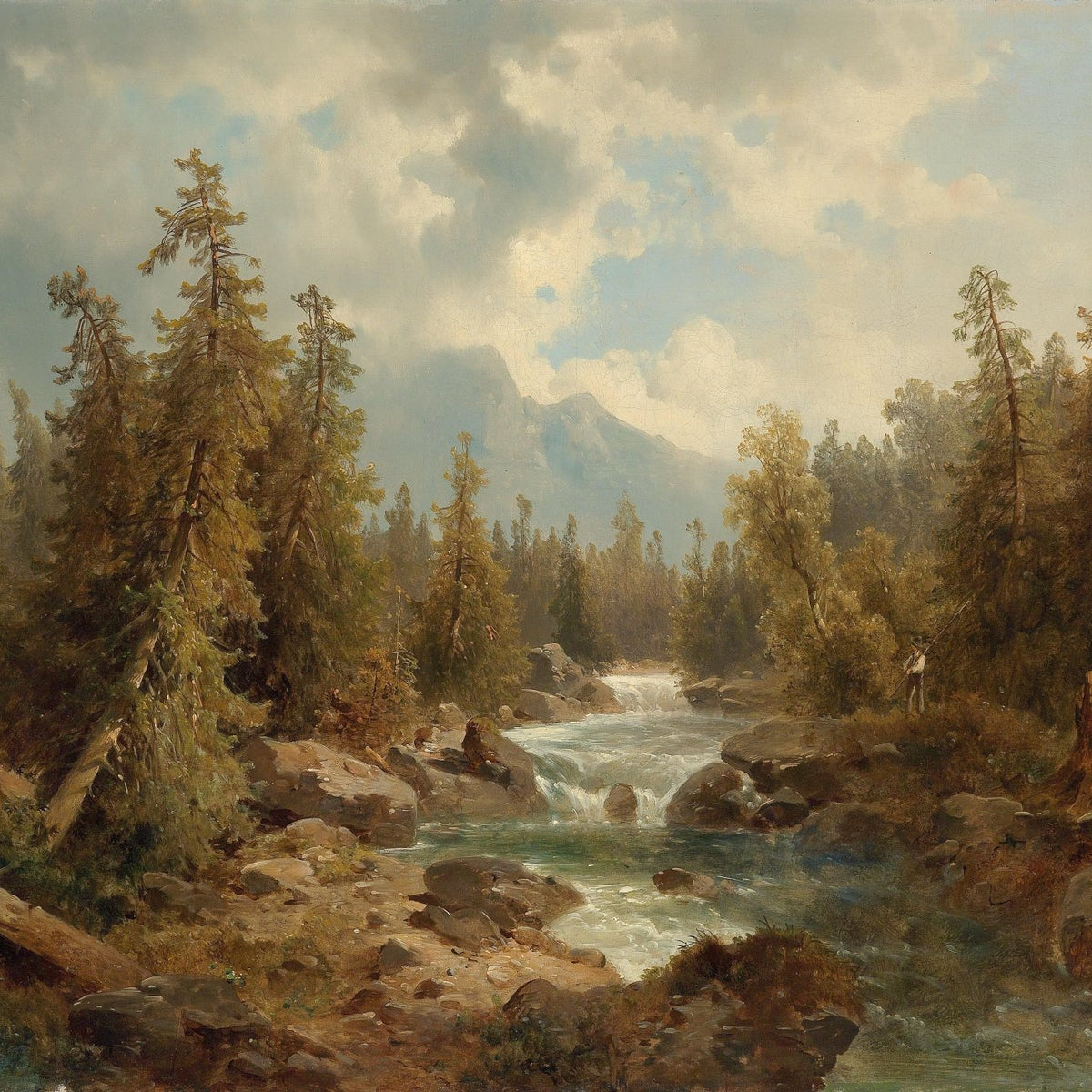 Landscape Oil Painting - Mountain Forest Stream, Rocks, Fisher & Peaks - Oil Painting Haven